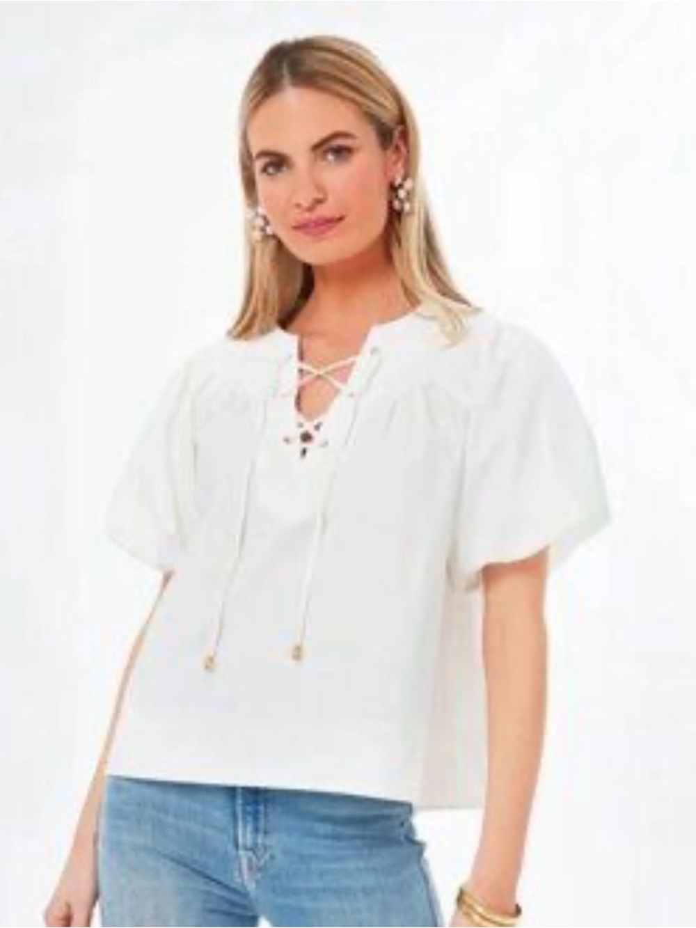 Pomander Place White Lace-Up Flutter Sleeve Top